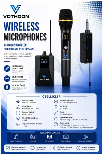 Hsc bilişim klt8912733502107 Wireless Mikrofon Sistemi Uhf Kablosuz El Mikrofonu Profesyonel Ses Performansı 50 Mt Menzil