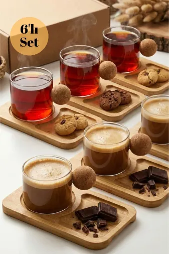 HubbyChef 22ESPBMBRD01 6'lı Bambu Tabaklı Espresso Kahve Bardağı Takımı