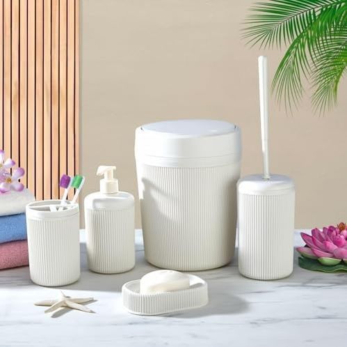 ideal standart 57855210124041580184975 5 Parça Lüx Plastik Banyo Seti - Çöp Kovalı, Diş Fırçalıklı, Sıvı Ve Katı Sabunluk Antibakteriyel Fırça - Krem- 000 Açık Krem