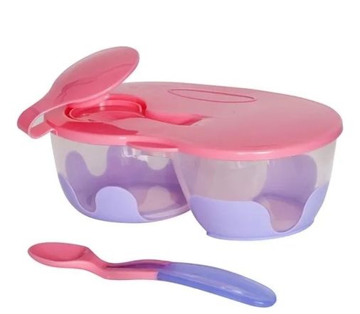 İki Bölmeli Tabak ve Kaşık Seti - Pembe-Lila