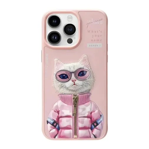iPhone 15 Pro Max 3D Gerçek Nakış İşlemeli Kabartmalı Gözlük Fermuar Mont Kedicik Detaylı Cool Cute 2.0 Silikon Kılıf