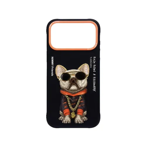 iPhone 17 Uyumlu 3D Gözlük Zincir Köpek Detaylı Nakış İşlemeli Kabartmalı Cool Glasses Kılıf
