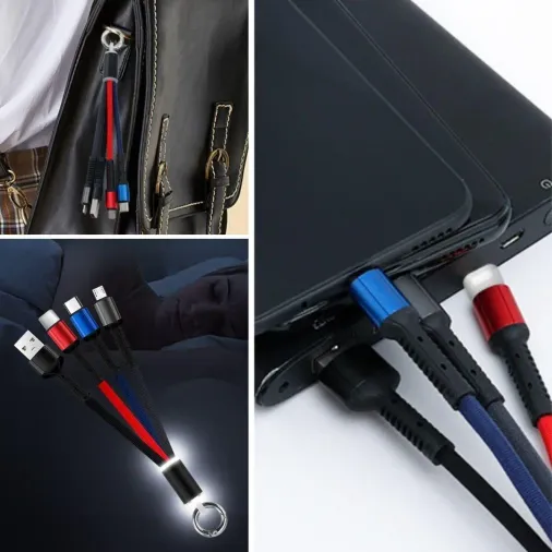 Işıklı Anahtarlık Model 3 in 1 USB Çıkışlı MİKRO,TYPE-C ve İphone Uyumlu Şarj Kablosu (4745)