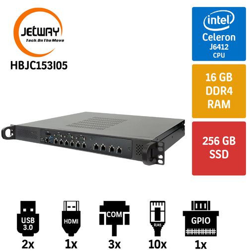 Jetway 1U HBJC153I05 J6412 16GB 256 SSD 6 Port 2.5GbE. LAN Endüstriyel Firewall Pc