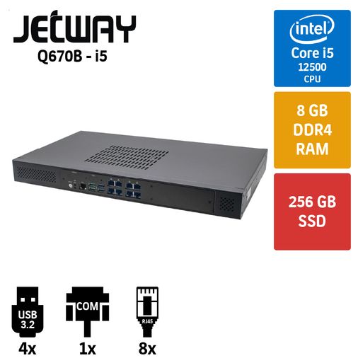 Jetway 1U Q670B i5 12400 8GB 256GB M2SSD 8 Port Endüstriyel Firewall Pc