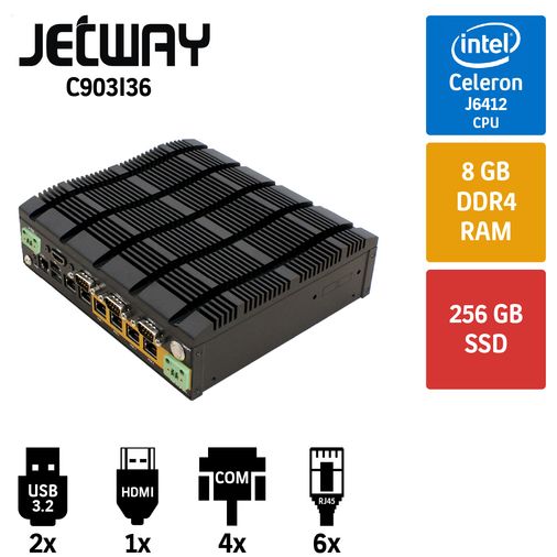 Jetway WAVE C903I36 Intel Celeron J6412 8GB Ram 256GB SSD 6 Port POE 2.5GbE Lan Endüstriyel Firewall Pc