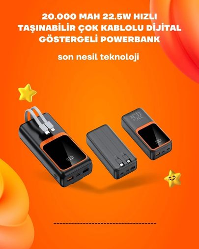 just cheap store 25DYMUCZZZ20.000POWERHIZLI1-6 Powerbank 20000 Mah 22.5W Hızlı Şarj, Dahili Kablolu, Lcd Ekranlı Şarj Cihazı Antrasit Melanj