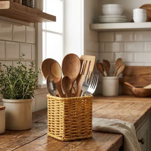 just cheap store 474189HS08YT0008 Kare Hasır Dokulu Plastik Rattan Kaşıklık &amp Amp Çatallık Askılı Kendiliğinden Tutmalı Çok Amaçlı Mutfak Organizeri 4741 Ahşap