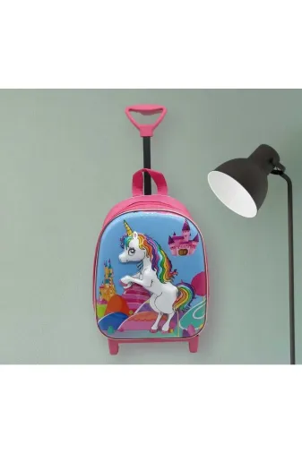Kız Çocuk Anaokulu Çantası Unicorn Pony At 5D Baskılı Çekçekli Tekerli 3-6 Yaş Okul Sırt Çantası