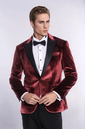 Kadife Slim Fit Bordo Erkek Smokin Ceket - Wessi