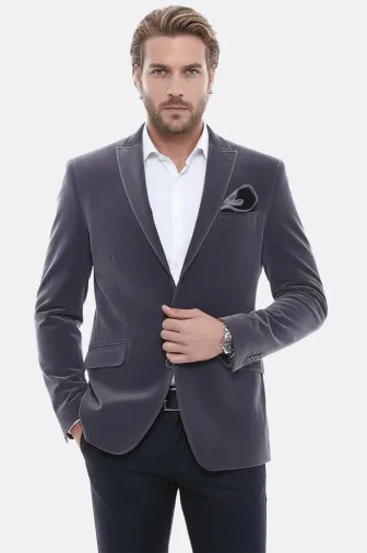 Kadife Slim Fit Gri Erkek Ceket - Wessi