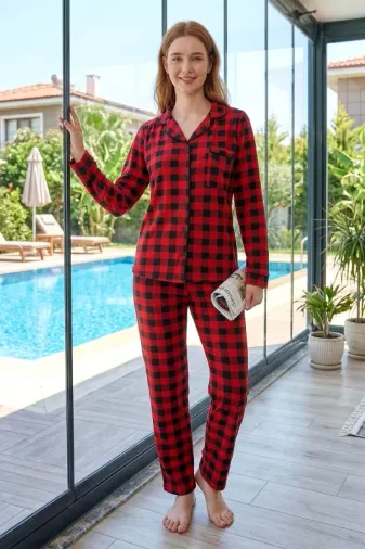Kadın Ekose Desen Uzun Kol Milan Kumaş Önü Düğmeli Pijama Takımı 250351 Kırmızı
