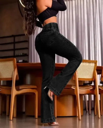 Kadın Yüksek Bel Yanları Lastik önü Düğmeli Kot Pantolon