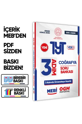 Karakutu Yayınları MEBİTYTcografya3adımSB 2026 Tyt Mebi-Ogm 3 Adim Coğrafya Soru Bankası Renkli A4 Boyut Video Çözümlü Baski Ücreti