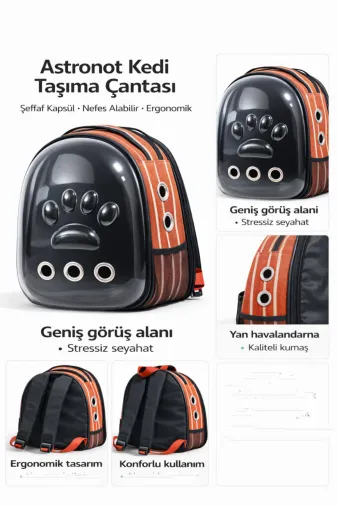karamelpet KP-ASTRNTCNT-KRMT Patili Astronot Şeffaf Kapılı Taşıma Sırt Çantası Kremit Rengi 24X32X42 Cm
