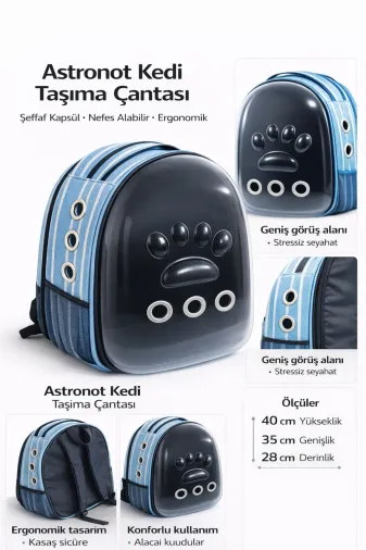 karamelpet KP-ASTRNTCNT-MVCZG Patili Astronot Şeffaf Kapılı Taşıma Sırt Çantası 24X32X42 Cm Mavi