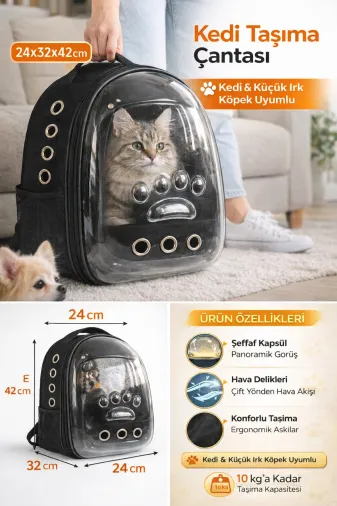karamelpet KP-ASTRNTCNT-SYH Patili Astronot Şeffaf Kapılı Taşıma Sırt Çantası 24X32X42 Cm Siyah