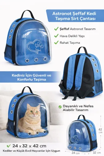 karamelpet KP-ASTRNTKLP-MV Kp Kalpli Patili Astronot Şeffaf Taşıma Sırt Çantası Mavi 24X32X42 Cm