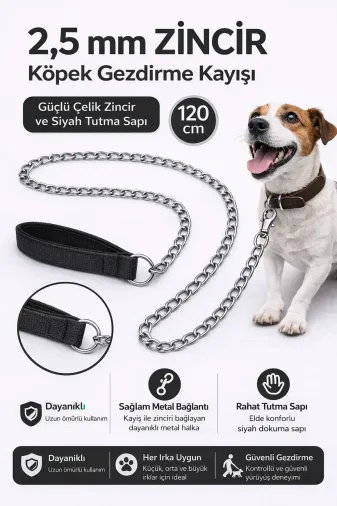 karamelpet KP-ZNCRGZ-SYH Zincir Köpek Gezdirme Kayışı Dayanıklı Çelik & Ergonomik Tutma Saplı 2,5 Mm-120 Cm Siyah