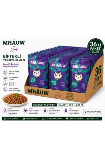 karamelpet ST00046-36 Mhauw Biftekli Kıyılmış Pouch Yetişkin Kedi Konservesi 80 Gr 36'lı Paket