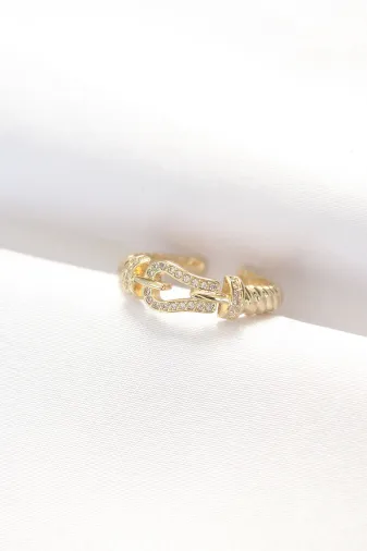 Kemer Tokası Tasarımlı Gold Renk Zirkon Taşlı Ayarlanabilir Yüzük TJ-BYK3099