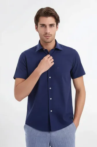 Kısa Kollu Terikoton Slim Fit Lacivert Erkek Gömlek - Wessi - M / Lacivert