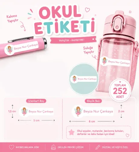 Kişiye Özel Pastel Mat Renkli Okul Etiketi Seti 252 Adet - Peri Serisi Isim Etiketi (Kalem, Suluk, Defter)