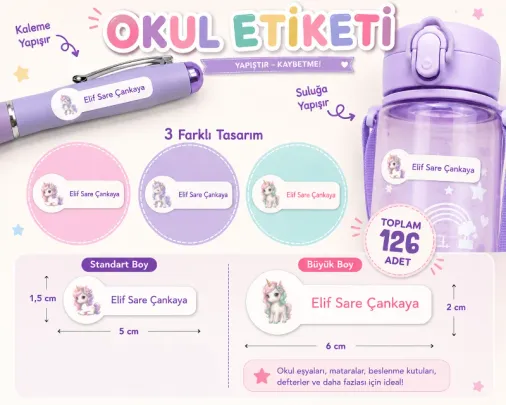Kişiye Özel Pastel Mat Renkli Okul Etiketi Seti - Unicorn Serisi Isim Etiketi (Kalem, Defter)