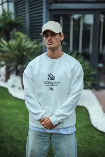 Kışlık Bisiklet Yaka Ön Ve Arka Baskılı SweatShirt - Beyaz - S - Beyaz