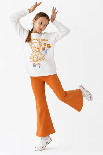 Kız Çocuk Tam Kalıp Üst Oversize Alt Taytlı Çiçek Ayıcık Tasarım 196 Alt Üst Takım - Kız Çocuk Tam Kalıp Üst Oversize Alt Taytlı Capyfun Tasarım 196 A