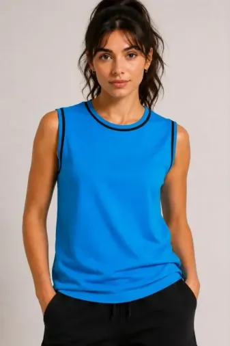 Kontrast Biyeli Kolsuz Atlet Bisiklet Yaka Yazlık Basic Atlet - Turkuaz - 2XL - Turkuaz