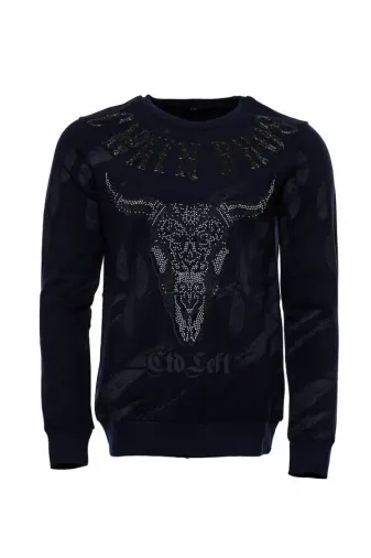 Koyu Mavi Taşlı Boğa Kafası Baskılı Bisiklet Yaka Sweatshirt | Wessi