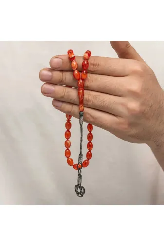 Kozadan T8940 Gümüş Kazaz Püsküllü Sıkma Kehribar Tesbih