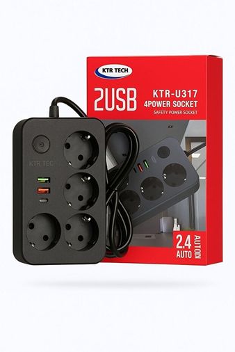 KTR TECH 5648645641 Termal Akım Korumalı 2 Metre 4 Priz 2 Usb 1 Type-C Girişli 2.4A Kablolu Dörtlü Priz