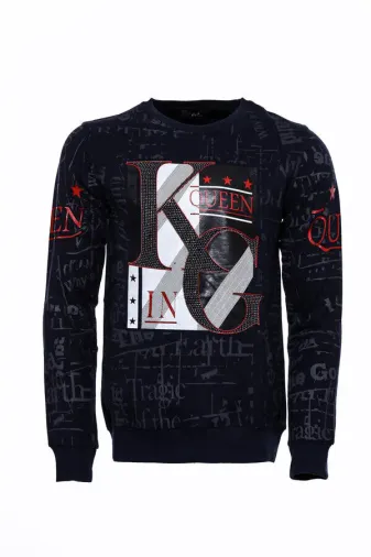 Lacivert King Queen Baskılı Graffiti Sweatshirt | Wessi