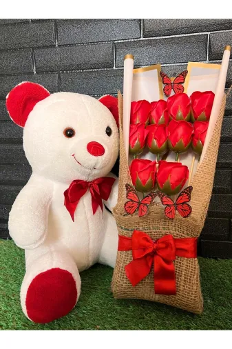 lenostra Cicek-Buket17 Sevgiliye Özel Hediye 35Cm Tatlı Ayıcık Ve Kelebek Süslemeli Yapay Gül Buketi - Cicek Hediye
