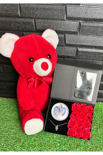 lenostra Hediye-Sevgiliye-Ozel28 Sevgiliye Romantik Hediye 35Cm Kırmızı Ayıcık Ve İstiridye İçinde İnci Kolyeli Güllü Kutu