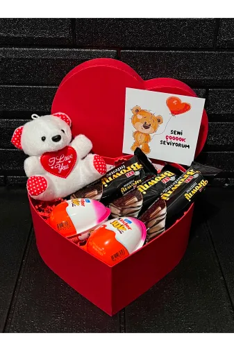 lenostra Kiz-Arkadas90 Sevgiliye Hediye Kalp Kutuda Kalpli Beyaz Ayıcık - Browni Intense Ve Kinder Joy Çikolatalar