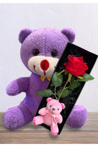 lenostra Set-Hediyelik19 Sevgiliye Hediye 25Cm Mor Ayıcık Ve Hediye Kutusunda Kırmızı Gül Ve Pembe Mini Ayıcık Hediye Seti