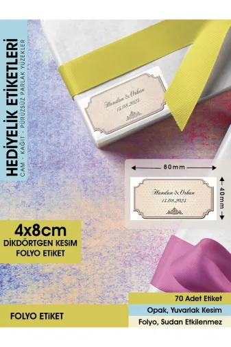 Letbil Reklam ETK00004-4x8 Şekil 2, Kahverengi Zeminli Vintage Etiket - 4X8Cm Dikdörtgen Düz Kesim - 70 Adet Folyo Sticker
