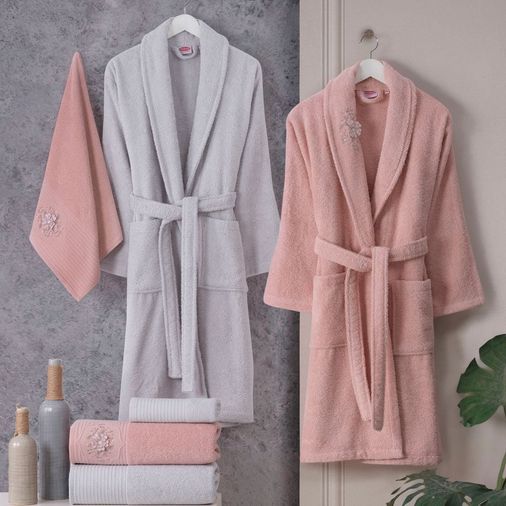 Line %100 Saf Pamuk Aile Bornoz Seti Pembe Gri