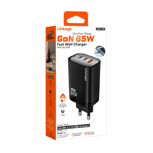 LKC-55 65Watt 2Xusb-C + 1Xusb-A Çıkışlı, Gan Teknolojili Hızlı Duvar Şarj Aleti