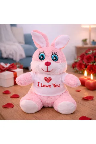 MEKs TTT-1766574361369 I Love You Tişörtlü Sevimli Pembe Peluş Tavşan