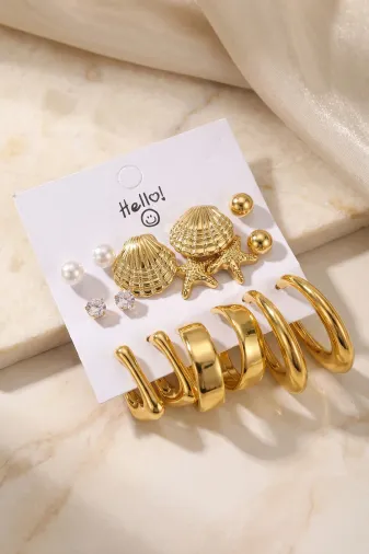 Metalik Kaplama Gold Renk Deniz Kabuğu Detaylı CCB 9 Çift Kadın Küpe Seti TJ-BKP12100