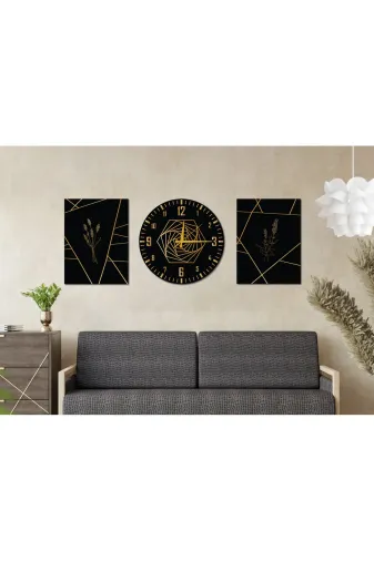 M&H Quality 548465811005 3’Lü Dekoratif Duvar Tablo Ve Saat Seti – Siyah Gold Modern Geometrik Çiçek Desenli Mdf Duvar Dekoru
