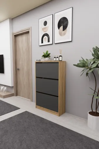 Mirobi MRB-KMB-3BLM-AYKBLK Kembe 3 Bölmeli Açılır Modern Dekoratif Ayakkabılık Çam - Antrasit