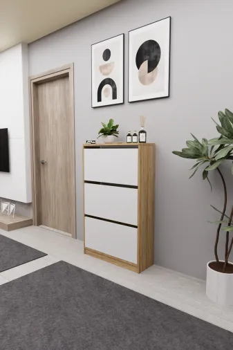 Mirobi MRB-KMB-3BLM-AYKBLK Kembe 3 Bölmeli Açılır Modern Dekoratif Ayakkabılık Çam - Beyaz