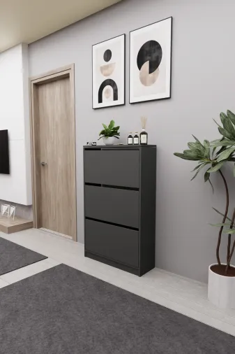 Mirobi MRB-KMB-3BLM-AYKBLK Kembe 3 Bölmeli Açılır Modern Dekoratif Ayakkabılık Antrasit