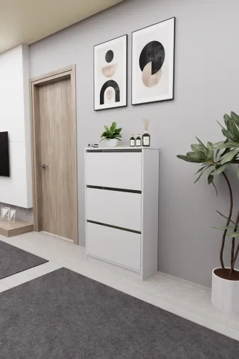 Mirobi MRB-KMB-3BLM-AYKBLK Kembe 3 Bölmeli Açılır Modern Dekoratif Ayakkabılık Beyaz