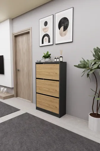 Mirobi MRB-KMB-3BLM-AYKBLK Kembe 3 Bölmeli Açılır Modern Dekoratif Ayakkabılık Antrasit - Atlantik Çam